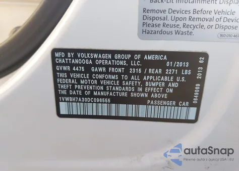 2013 Volkswagen Passat 2.5L Se from USA, damaged, VIN 1VWBH7A30DC096555